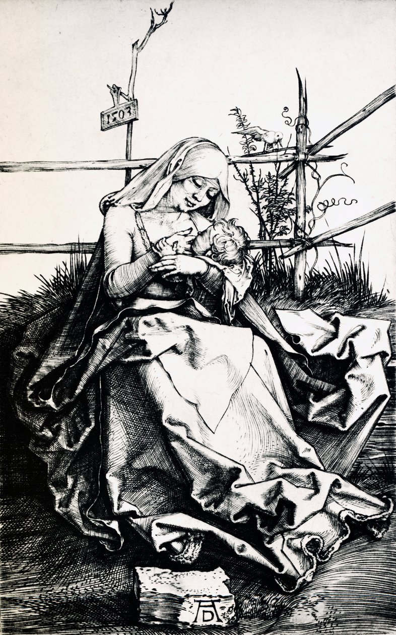 Madonna ja lapsi aidassa (kaiverrus kupariin) tekijältä Albrecht Dürer