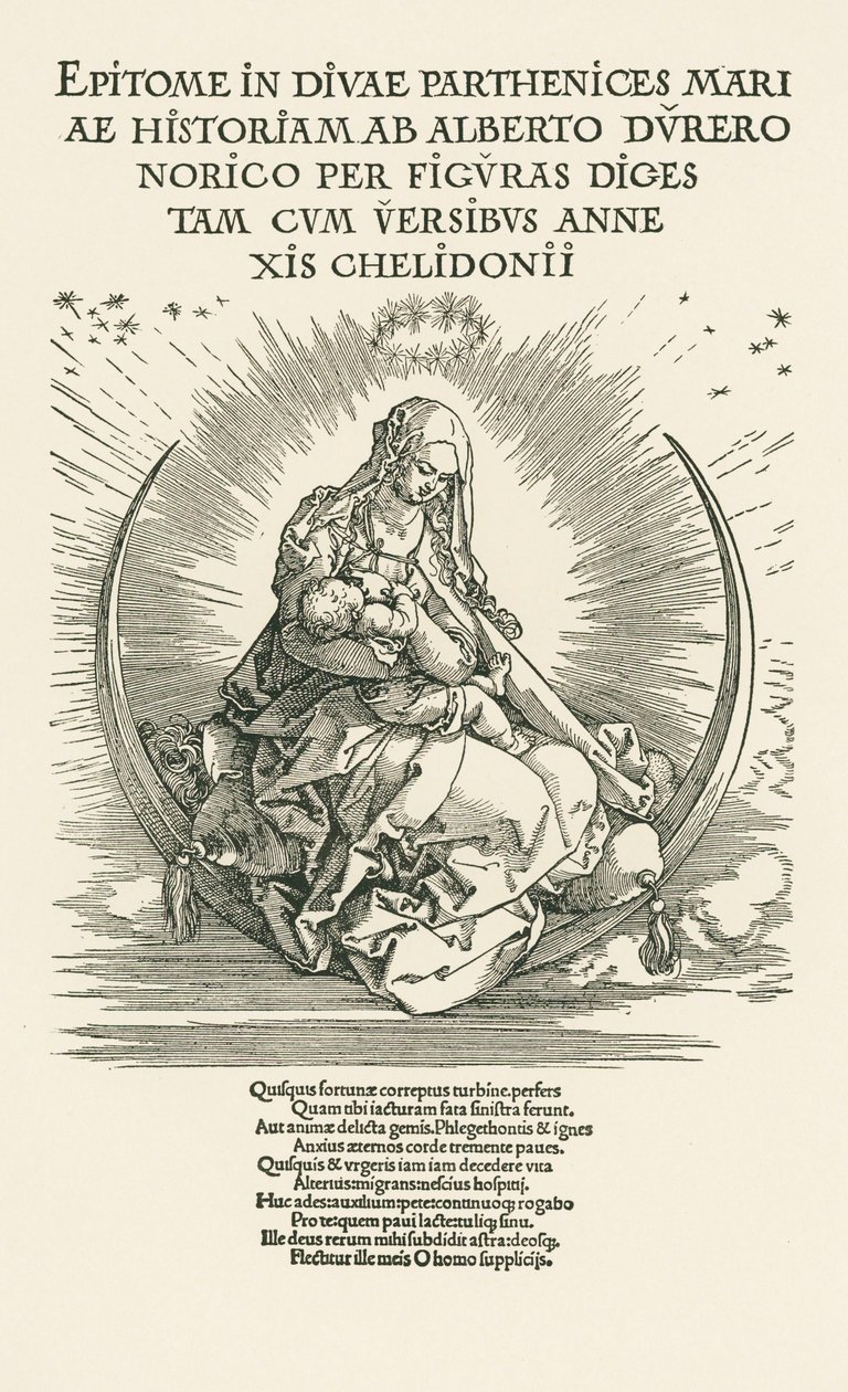 Neitsyt Maria ja lapsi kirkkaudessa, noin 1511 (puupiirros). tekijältä Albrecht Dürer or Duerer