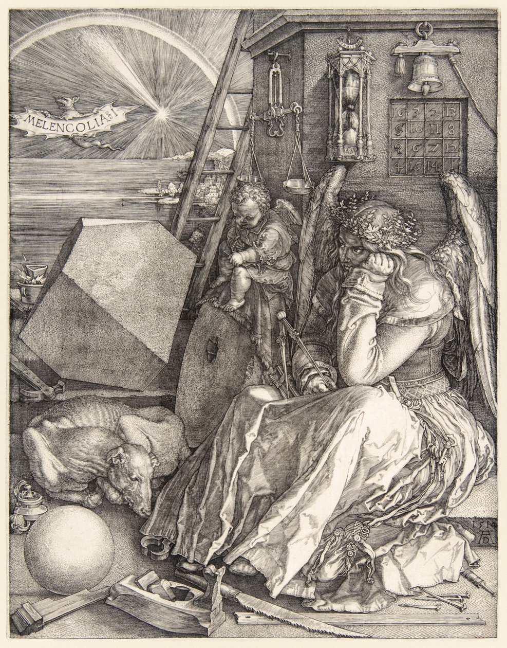 Albrecht Dürerin (1471-1528) Melencolia I hänen kolmesta vuonna 1514 valmistuneesta kaiverruksestaan. tekijältä Albrecht Dürer