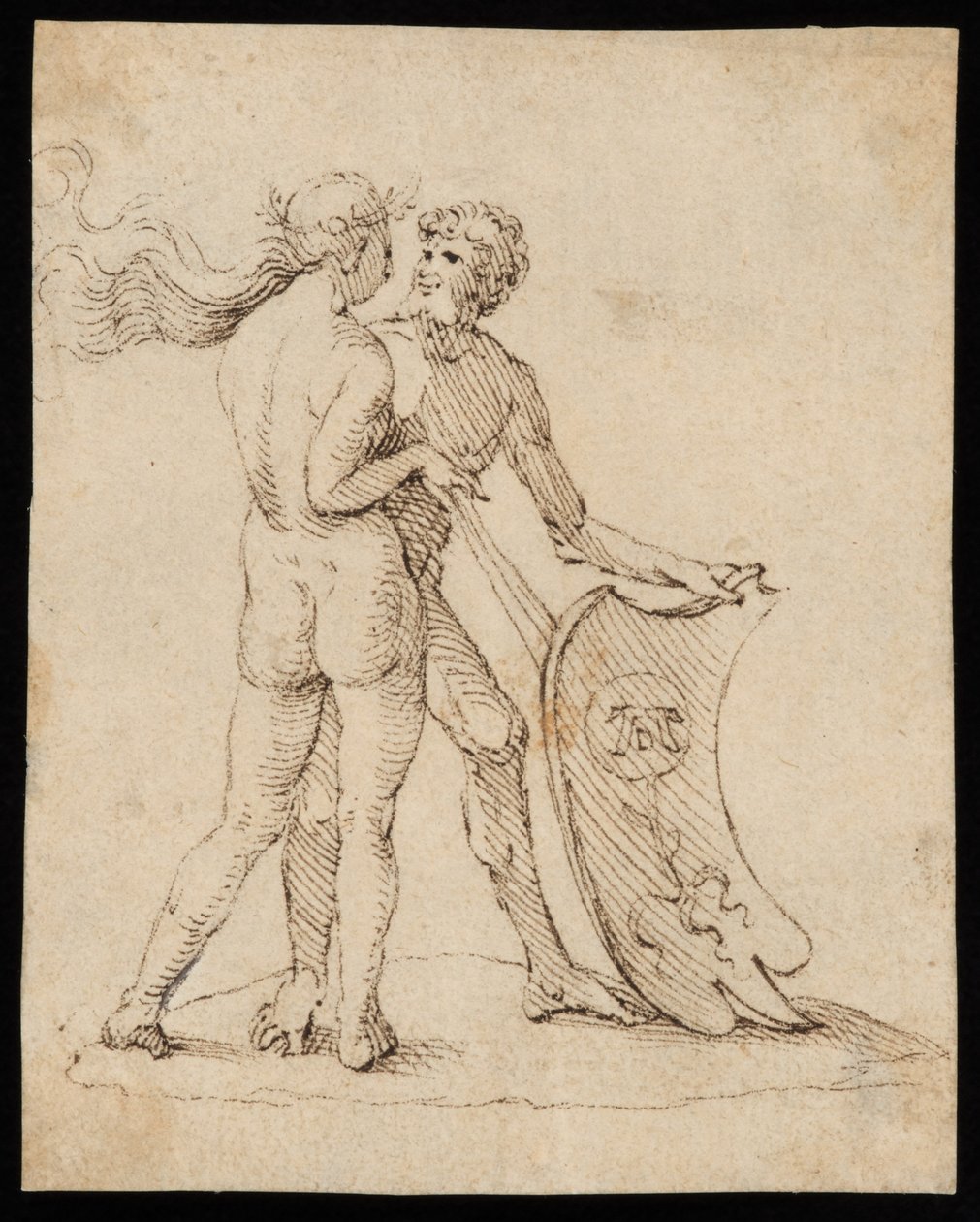 Alaston nainen ja mies kilven kanssa, jossa on Willibald Pirckheimerin vaakuna tekijältä Albrecht Dürer