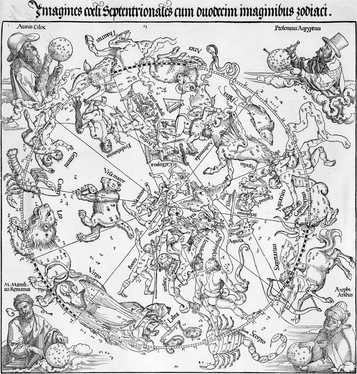 Pohjoisen ja eteläisen taivaanpuoliskon karttapari tekijältä Albrecht Dürer or Duerer