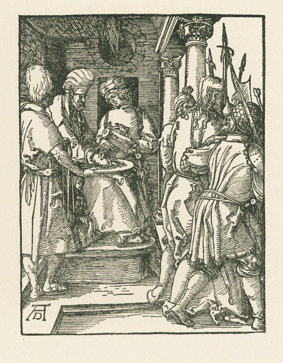 Pilatus pesee käsiään, noin 1509 (puupiirros). tekijältä Albrecht Dürer or Duerer
