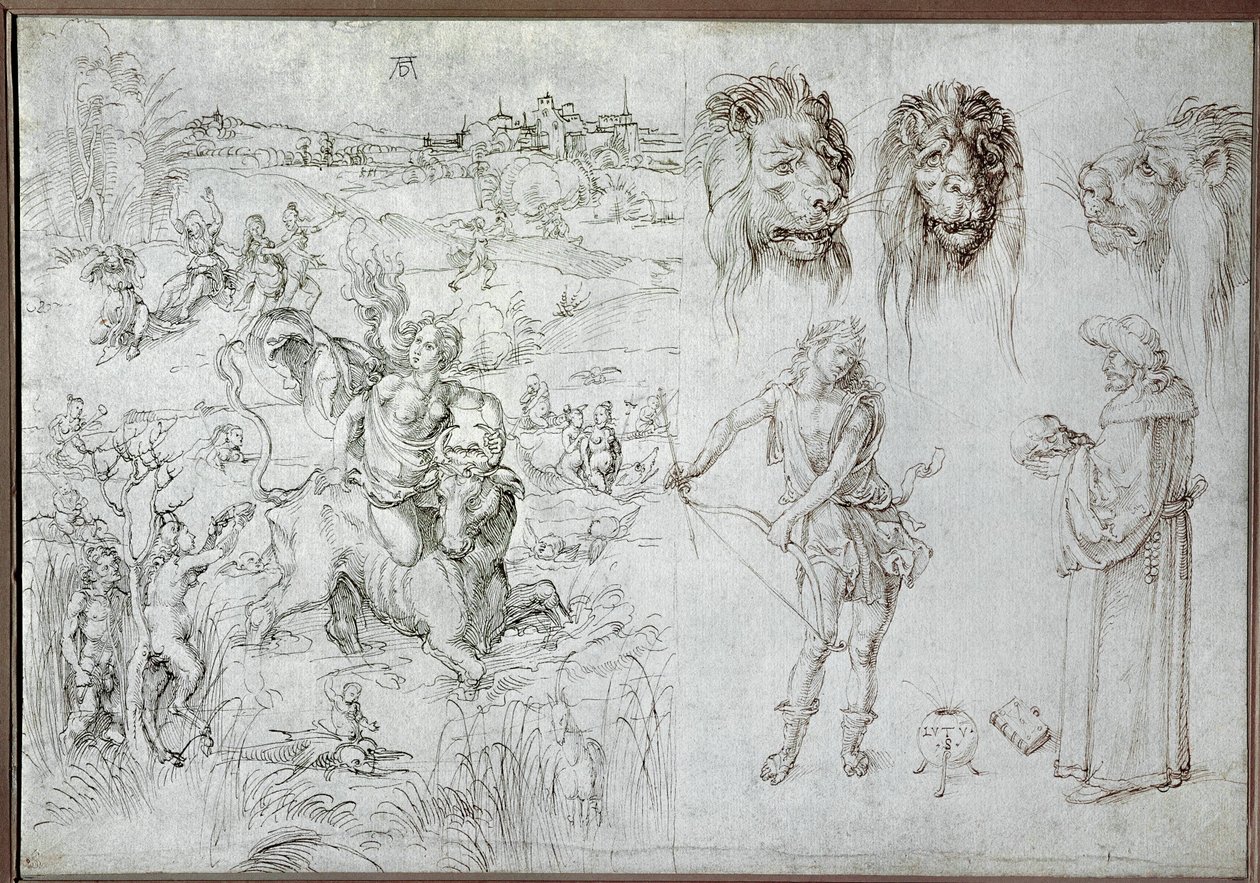 Euroopan raiskaus, leijonanpäitä, jousimies, tietäjä, pääkallo (piirros) tekijältä Albrecht Dürer or Duerer