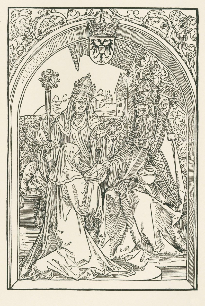 Roswitha esittelee teoksensa keisari Otto I:lle veljentyttärensä Gerban, Gandersheimin abbedissa, läsnä ollessa. tekijältä Albrecht Dürer or Duerer