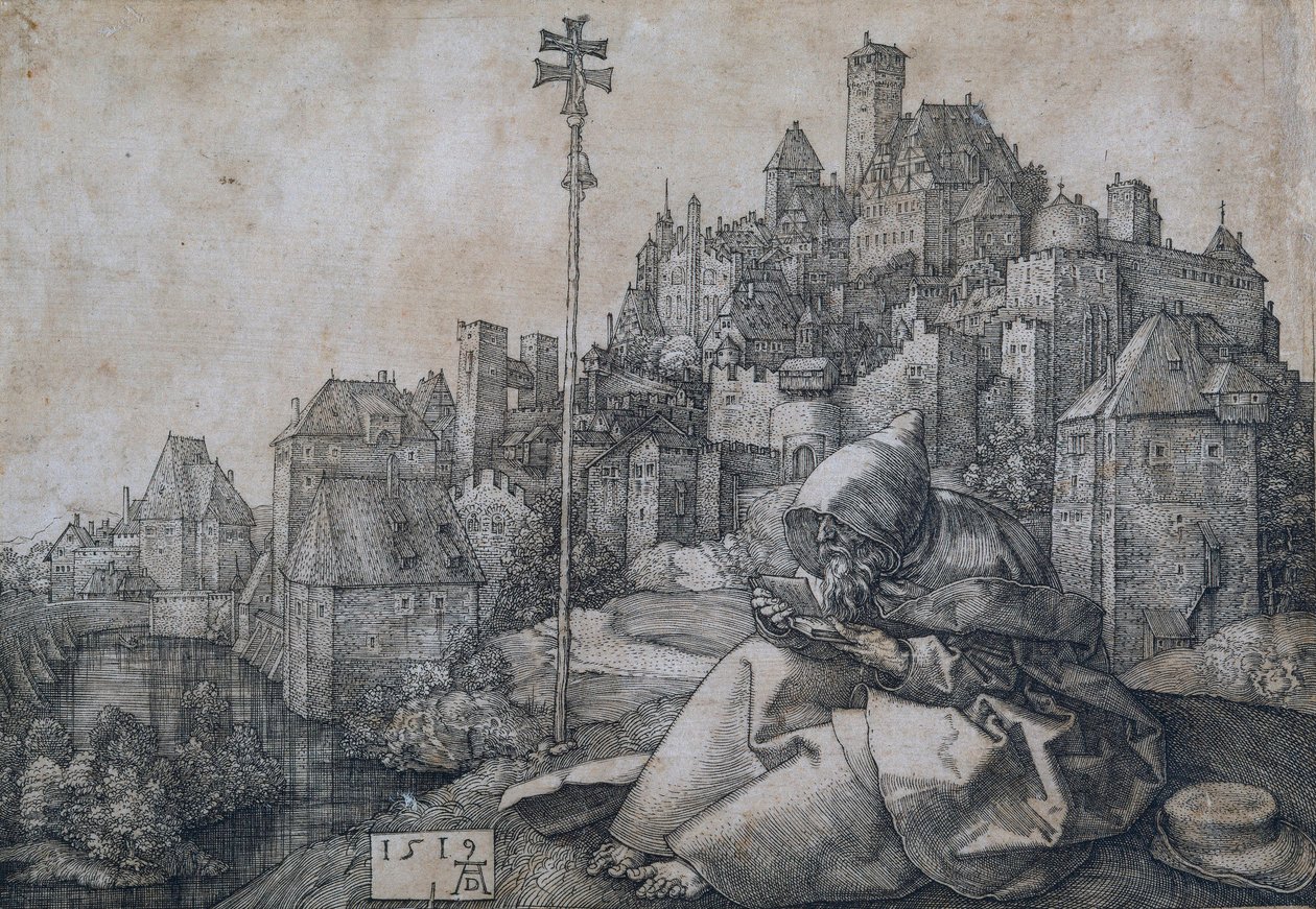 Pyhä Antonius istuu kaupungin edessä - Albrecht Durerin kuparikaiverrus (1471-1528) tekijältä Albrecht Dürer