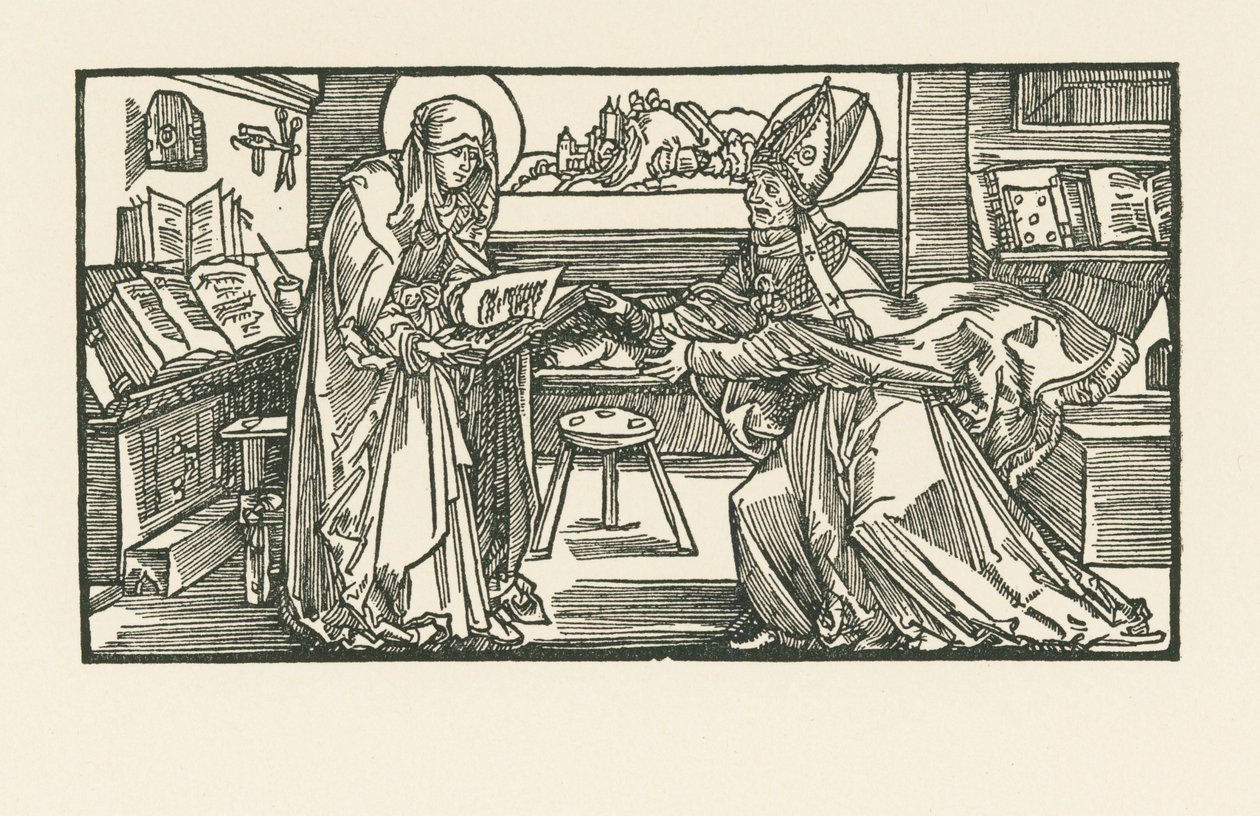 Pyhä Birgitta kammiossaan luovuttamassa työtään piispalle. tekijältä Albrecht Dürer or Duerer