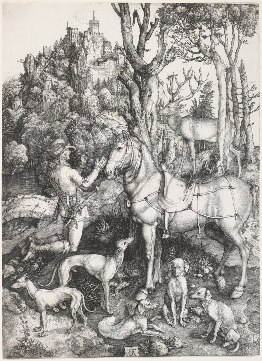 Saint Eustace, n. 1500-1501 (kaiverrus) tekijältä Albrecht Dürer