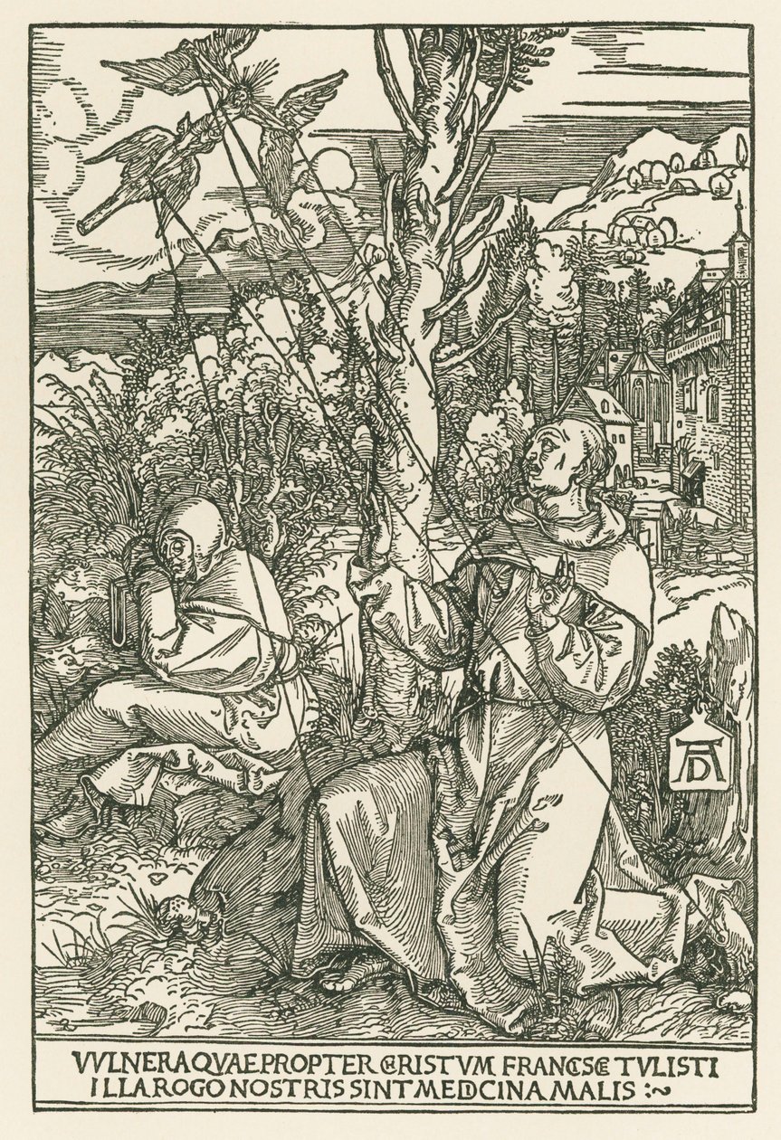 Pyhä Fransiskus vastaanottaa stigmat, noin 1503-04 (puupiirros). tekijältä Albrecht Dürer or Duerer