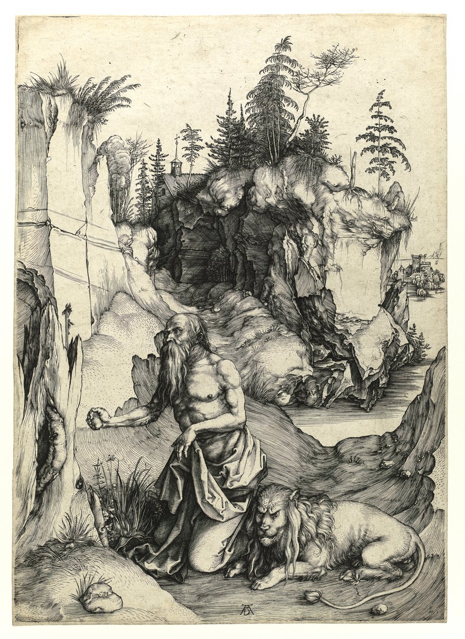 Saint Jerome katuva, n.1497 (Burin-kaiverrus) tekijältä Albrecht Dürer