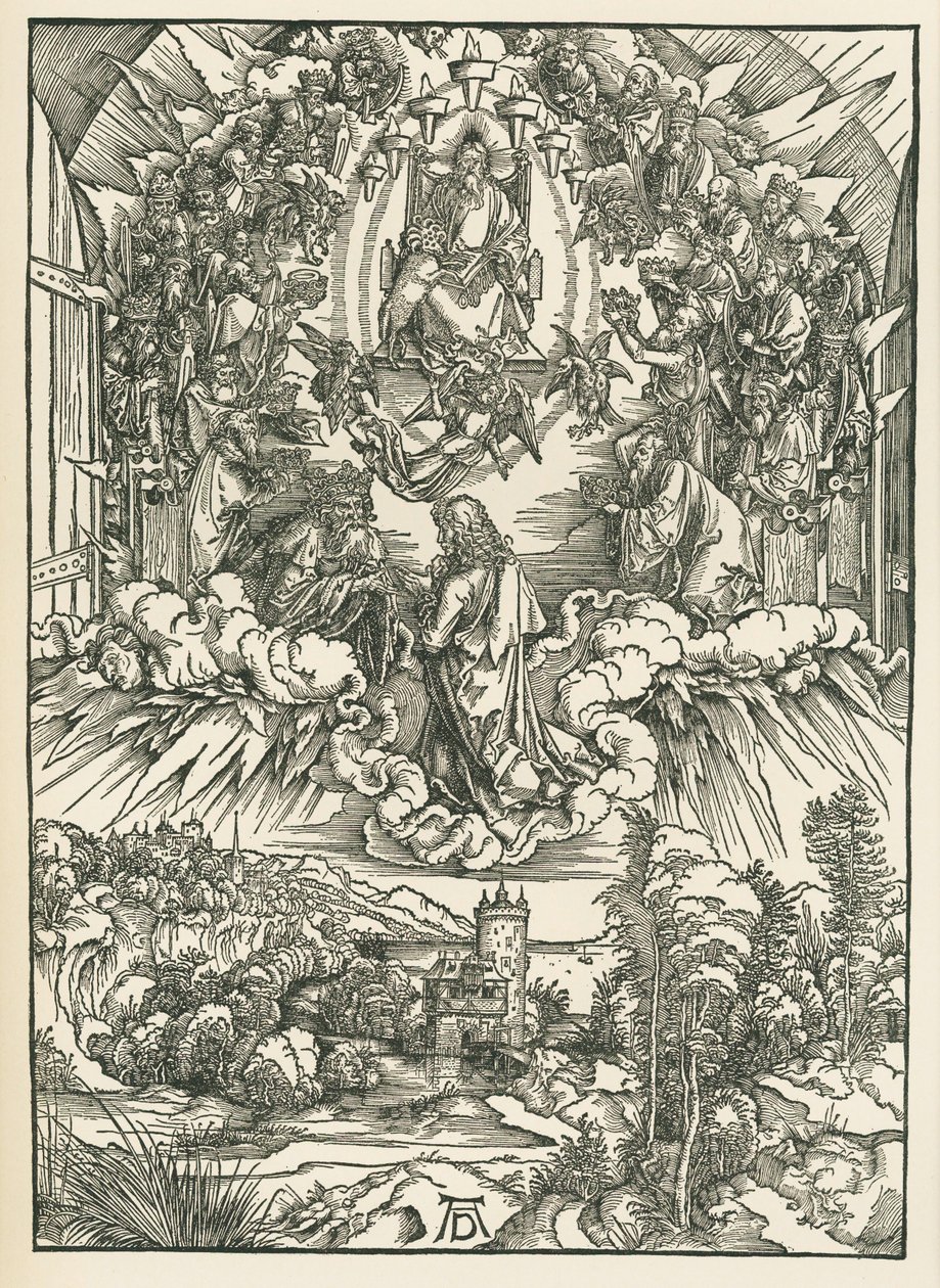 Pyhä Johannes Jumalan ja taivaassa olevien kahdenkymmenenneljän vanhimman edessä. Johanneksen ilmestys, noin 1496 (puupiirros). tekijältä Albrecht Dürer or Duerer