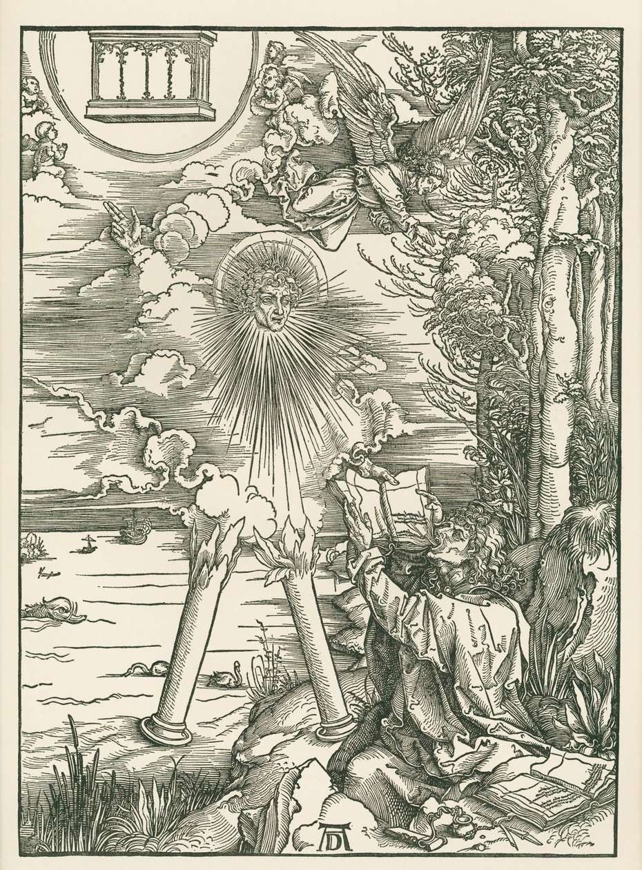 Pyhä Johannes ahmii enkelin antamaa kirjaa. Johanneksen ilmestys, noin 1498 (puupiirros). tekijältä Albrecht Dürer or Duerer