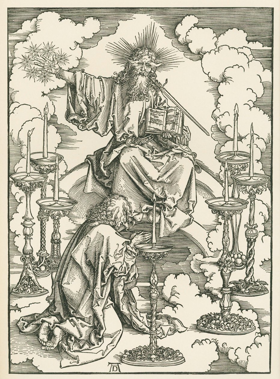 Pyhän Johanneksen näky Kristuksesta ja seitsemästä kynttilänjalasta. Johanneksen ilmestys, n. 1496-98 (puupiirros). tekijältä Albrecht Dürer or Duerer