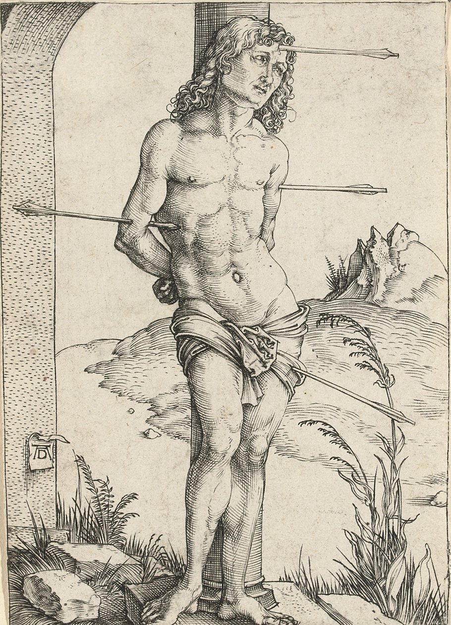 Pyhä Sebastián sidottu sarakkeeseen, n. 1499 tekijältä Albrecht Dürer