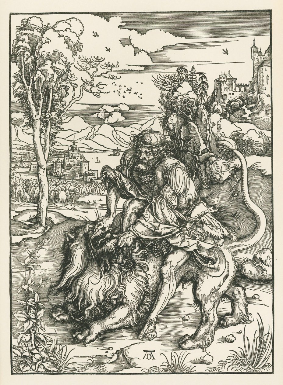 Simson tappaa leijonan, noin 1497-98 (puupiirros). tekijältä Albrecht Dürer or Duerer
