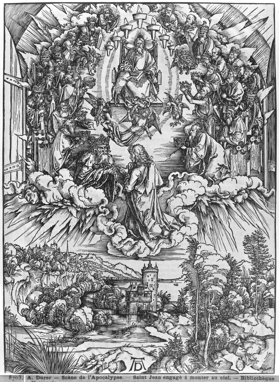 Kohtaus Apokalypsista, Pyhä Johannes Isän Jumala ja kaksikymmentäneljä vanhinta edessä, saksankielinen painos tekijältä Albrecht Dürer