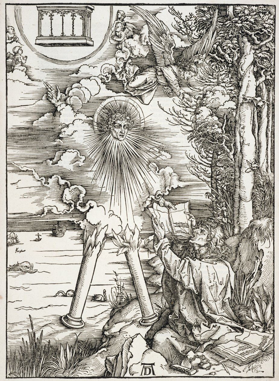 Kohtaus Apokalypsista, Pyhä Johannes nielee kirjan, latinalainen painos tekijältä Albrecht Dürer