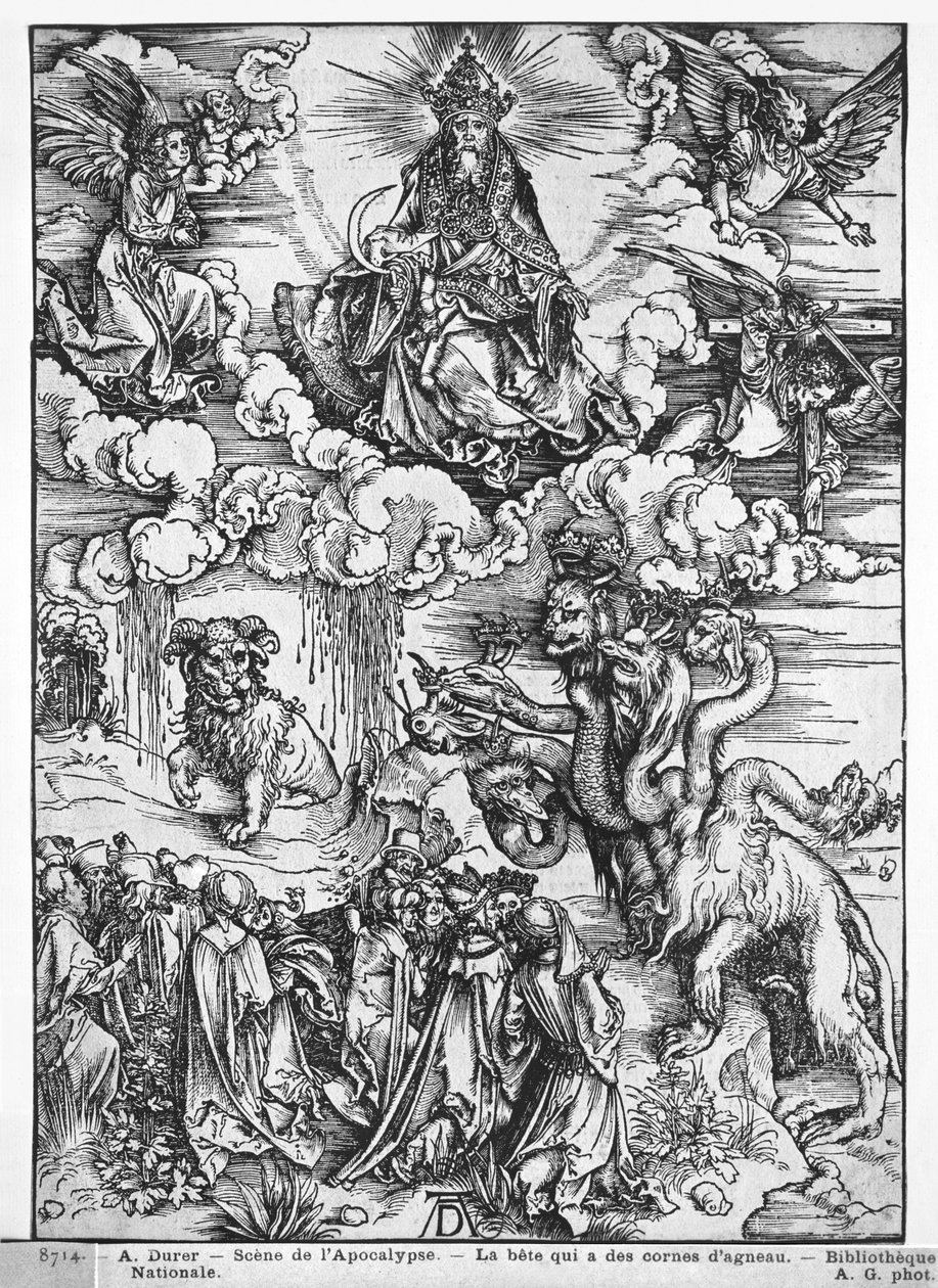 Kohtaus Apokalypsista, Seitsenpäinen ja kymmenensarviinen lohikäärme (puupiirros) (m/v kuva) tekijältä Albrecht Dürer