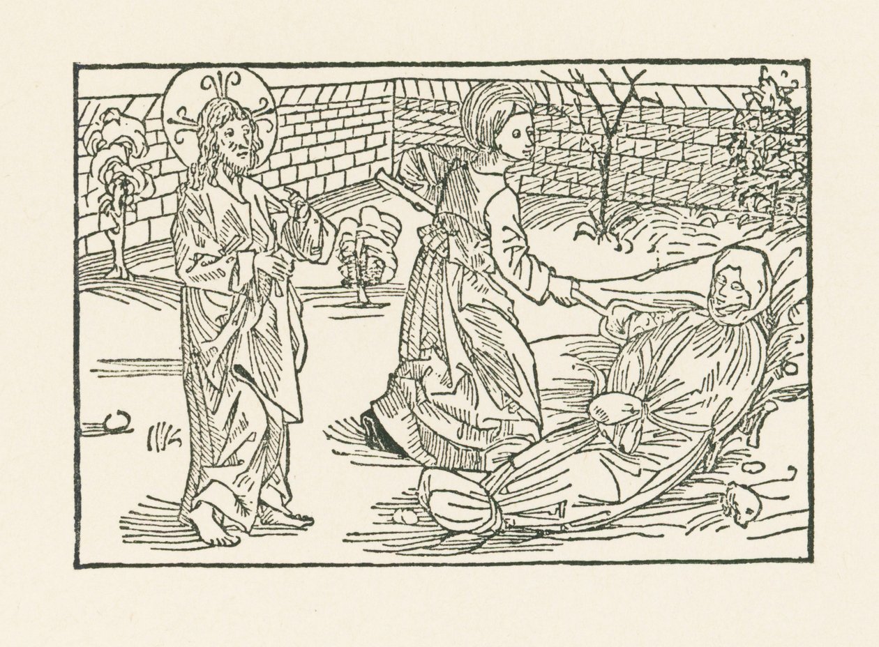 Kuudes laupeuden työ: Huolenpito lähimmäisen hautaamisesta tekijältä Albrecht Dürer or Duerer