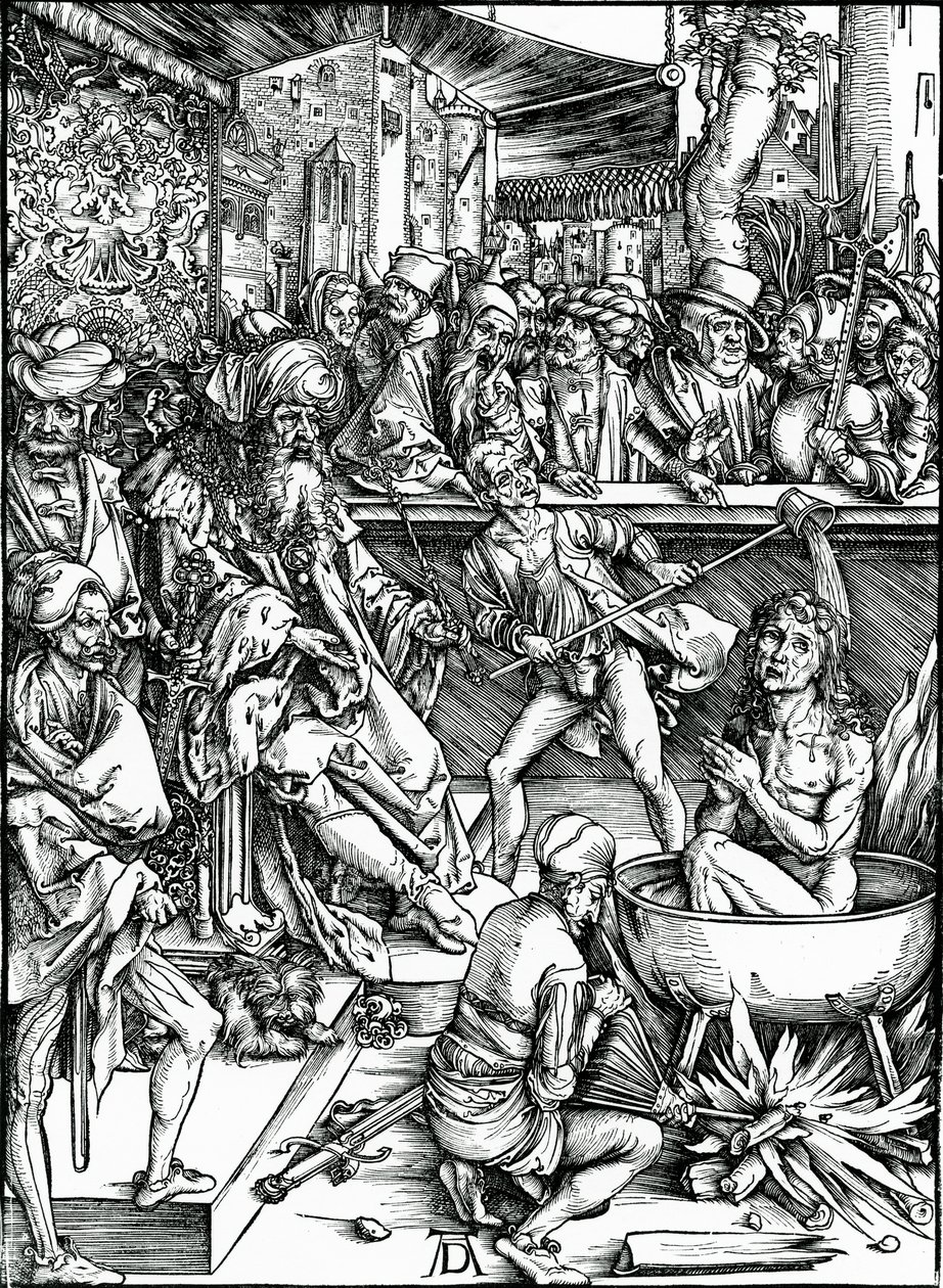 Pyhää Johannesta evankelistaa kidutetaan kiehuvassa öljytynnyrissä, Apocalypse-sarjasta tekijältä Albrecht Dürer