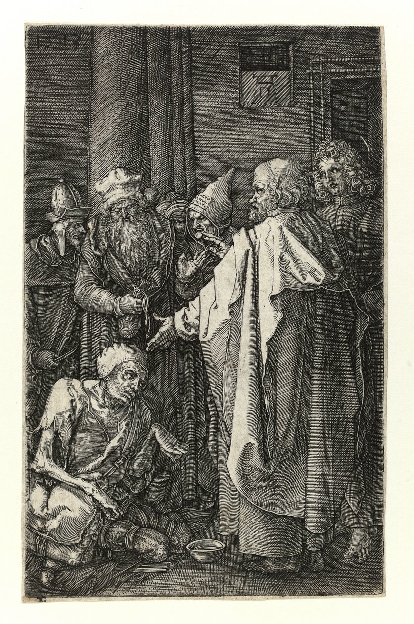 Pyhä Pietari ja Pyhä Johannes parantavat raajakoja temppelin portilla tekijältä Albrecht Dürer