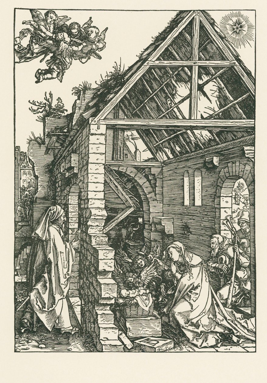 Paimenten palvonta, n.1502-03 (puupiirros). tekijältä Albrecht Dürer or Duerer
