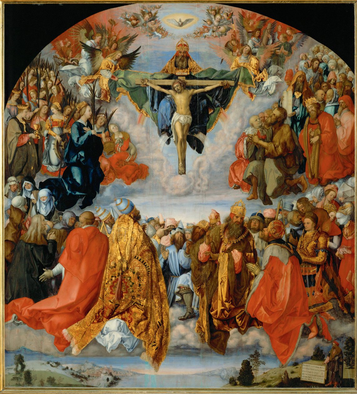 Kolminaisuuden palvonta ja Duererin omakuva oikeassa alareunassa (öljy poppelipuulle). tekijältä Albrecht Dürer or Duerer