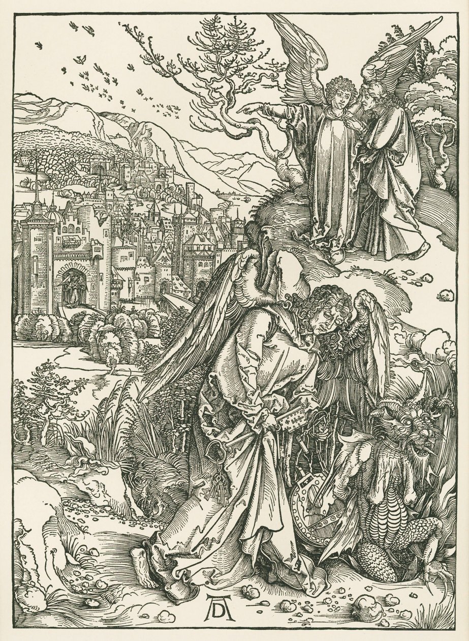 Enkeli, jolla on avain ja joka heittää lohikäärmeen kuiluun, ja toinen enkeli, joka näyttää Johannekselle Uuden Jerusalemin, noin 1497-98 (puupiirros). tekijältä Albrecht Dürer or Duerer
