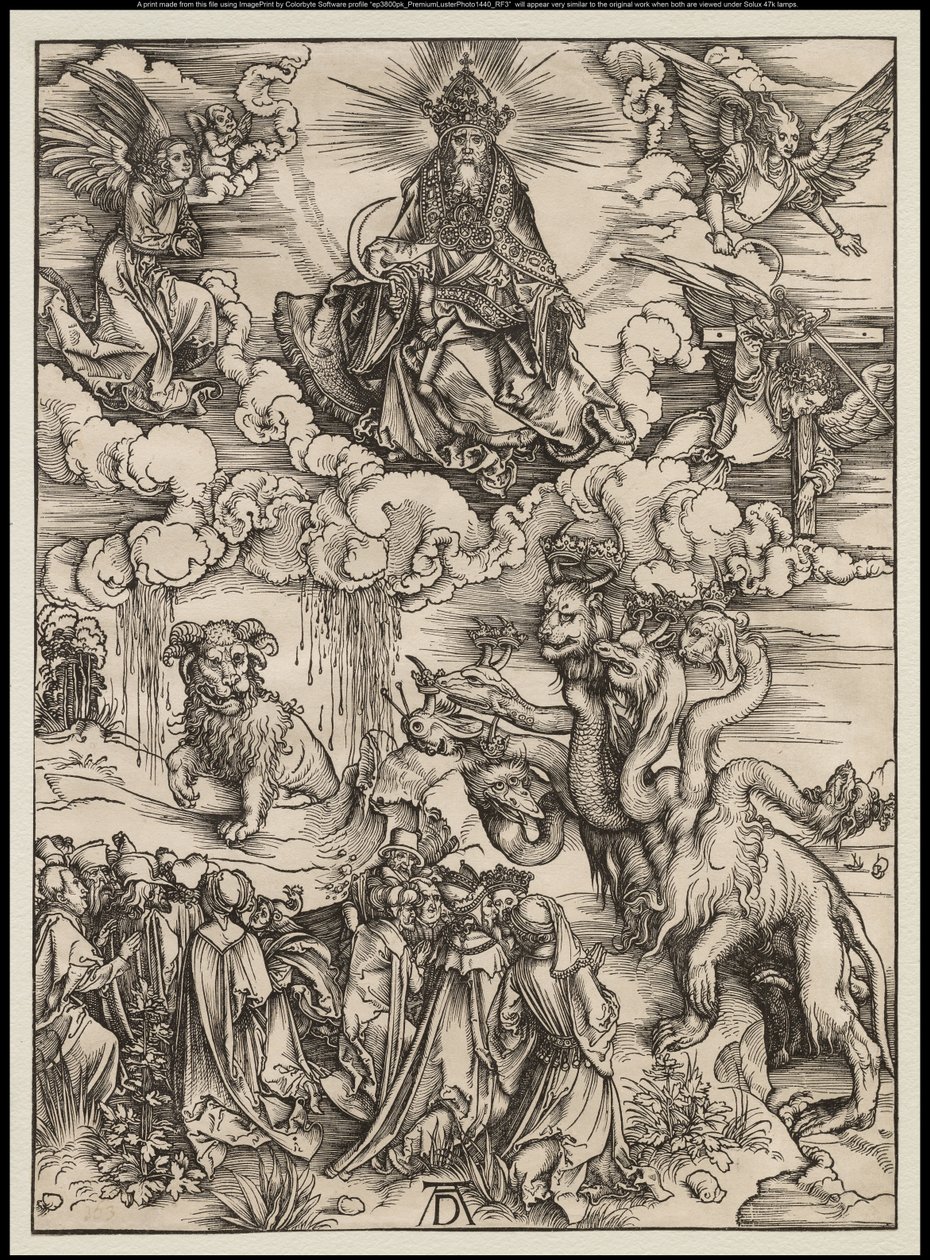 The Apocalypse: Peto, jolla on kaksi sarvea kuin lammas, 1496-97 tekijältä Albrecht Dürer