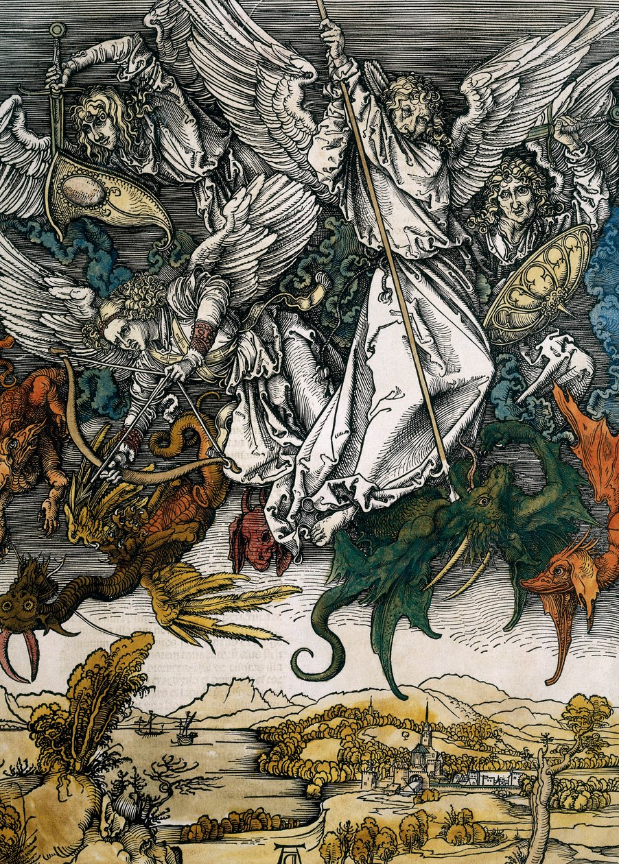 Pyhän Johanneksen apokalypsi: kapinallisten enkeleiden lankeemus, n. 1496-1498 (puupiirros) tekijältä Albrecht Dürer