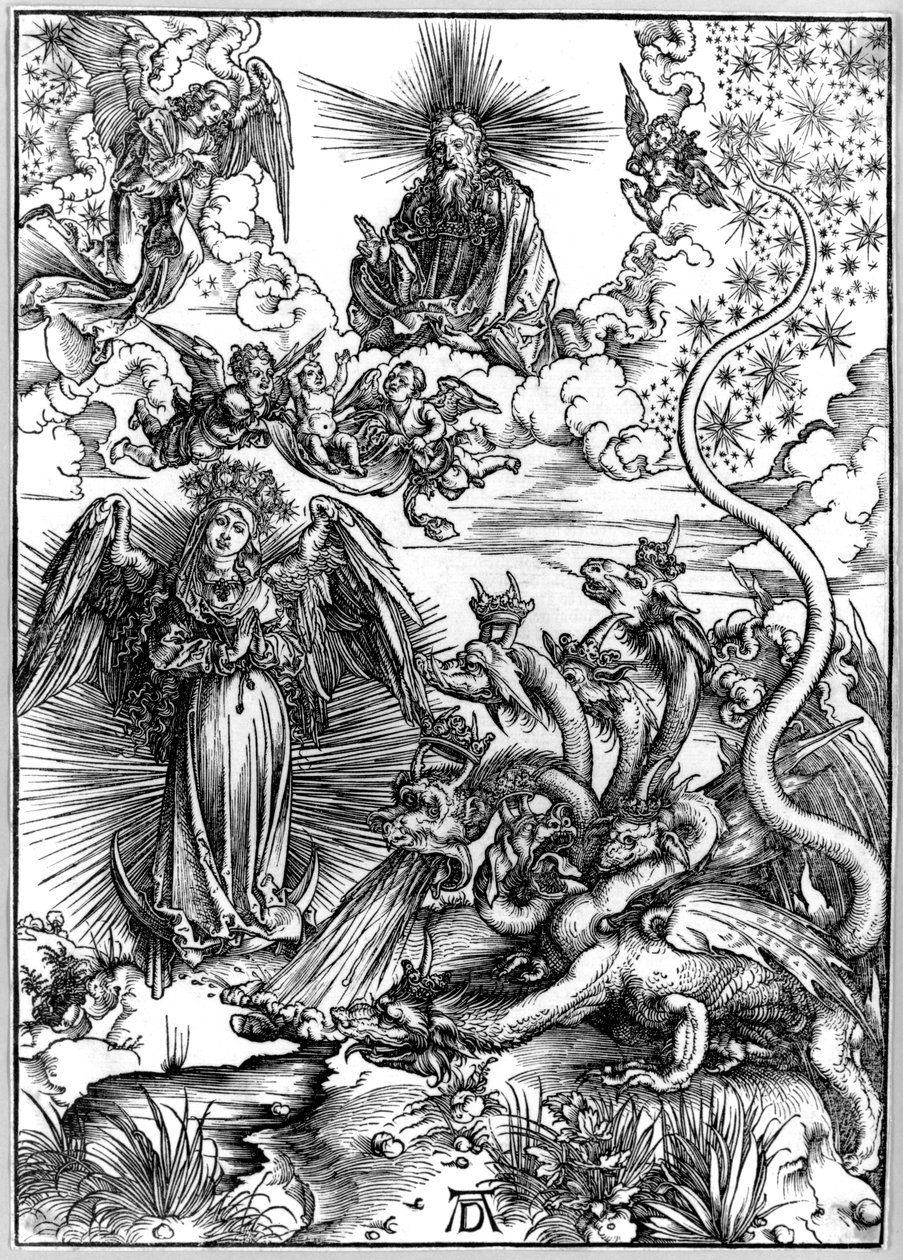 Apokalyptinen nainen tai Auringon ja seitsemänpäisen lohikäärmeen pukeutunut nainen, Apokalypsista tai Pyhän Johanneksen ilmestymisestä tekijältä Albrecht Dürer