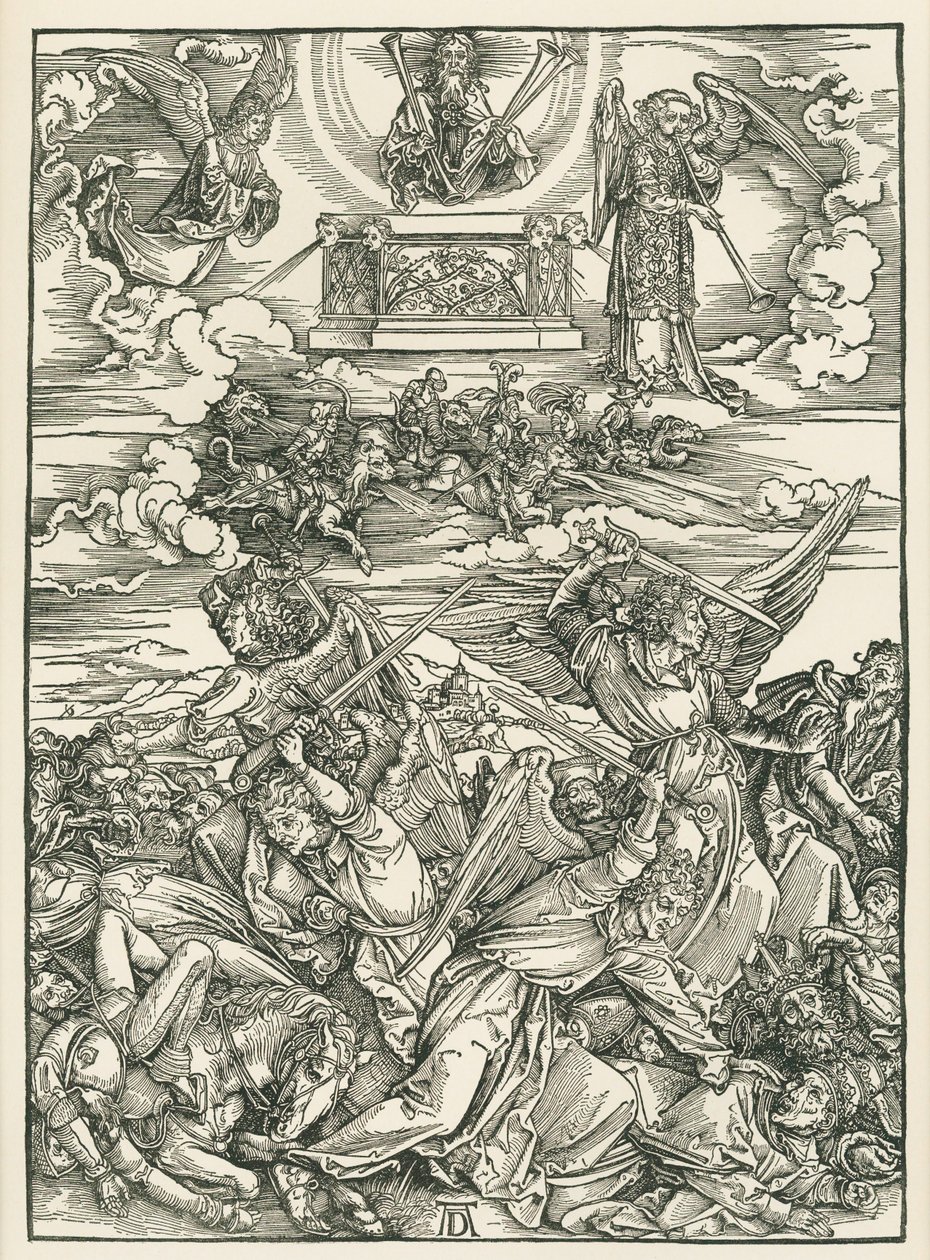 Enkelten taistelu. Johanneksen ilmestys, noin 1496-98 (puupiirros). tekijältä Albrecht Dürer or Duerer