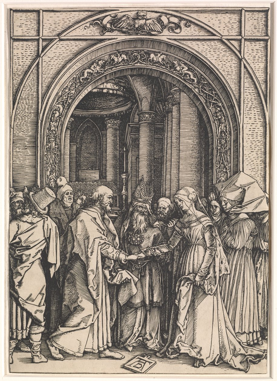 Neitsyen kihlaus julkaisusta: The Life of the Virgin, n. 1504-1505 (puupiirros paperille) tekijältä Albrecht Dürer