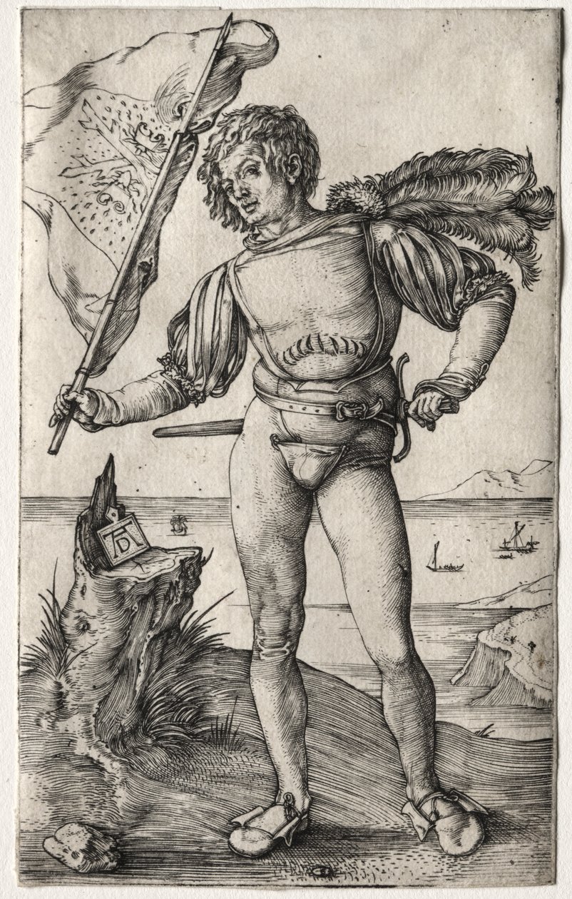 Burgundialainen lipunkantaja, n. 1500 (kaiverrus) tekijältä Albrecht Dürer or Duerer