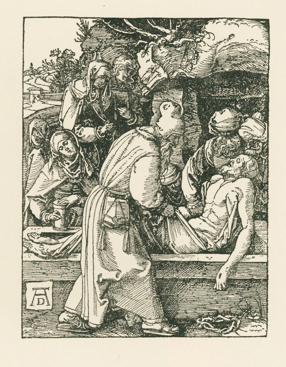 Hautaaminen, noin 1509-10 (puupiirros). tekijältä Albrecht Dürer or Duerer