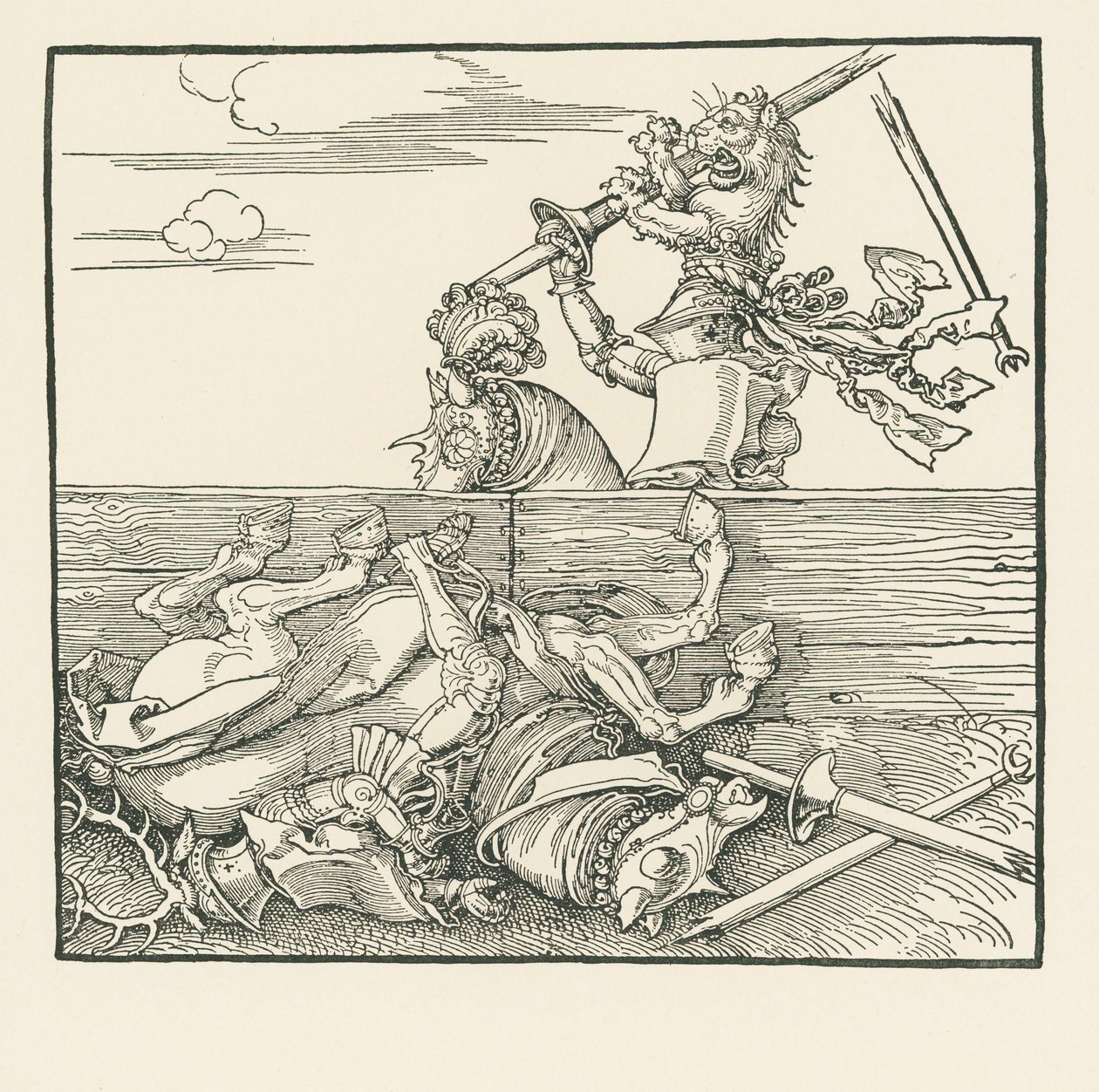 Ulkomaan turnaus. Maximilian on nostanut vastustajansa Jacop de Herin satulasta, noin 1517-18 (puupiirros). tekijältä Albrecht Dürer or Duerer