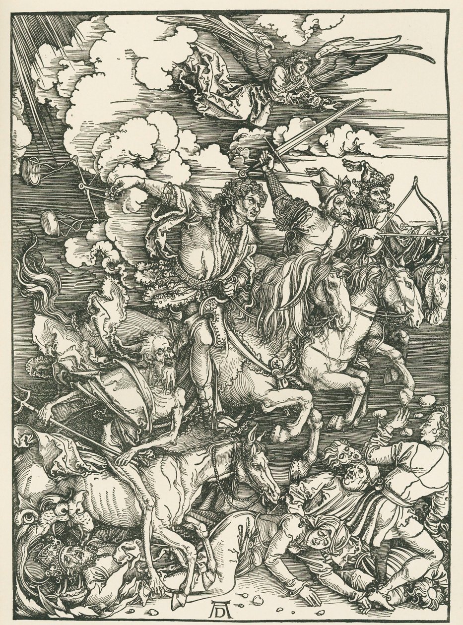 Maailmanlopun neljä ratsumiestä. Johanneksen ilmestys, noin 1497-98 (puupiirros). tekijältä Albrecht Dürer or Duerer