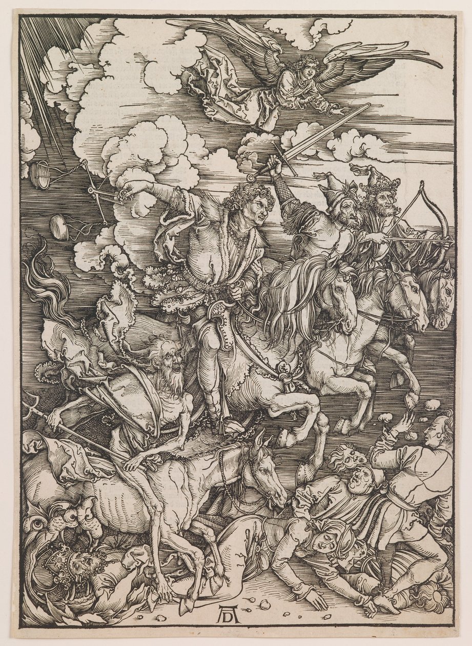 Maailmanlopun neljä ratsumiestä, teoksesta "Maailmanloppu", noin 1497-98 (puupiirros). tekijältä Albrecht Dürer or Duerer