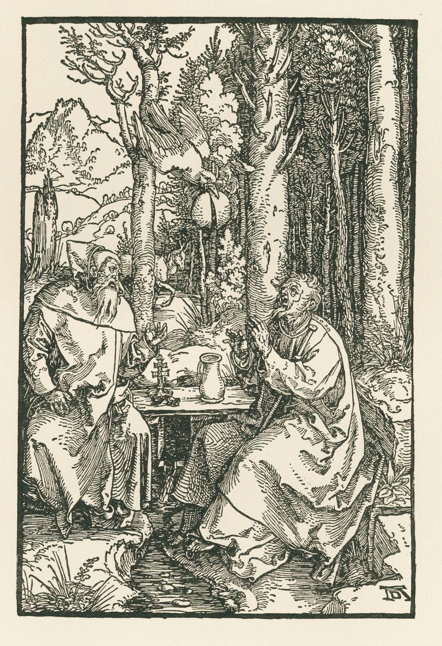 Eremitit Pyhä Antonius Suuri ja Pyhä Paavali, noin 1503-04 (puupiirros). tekijältä Albrecht Dürer or Duerer