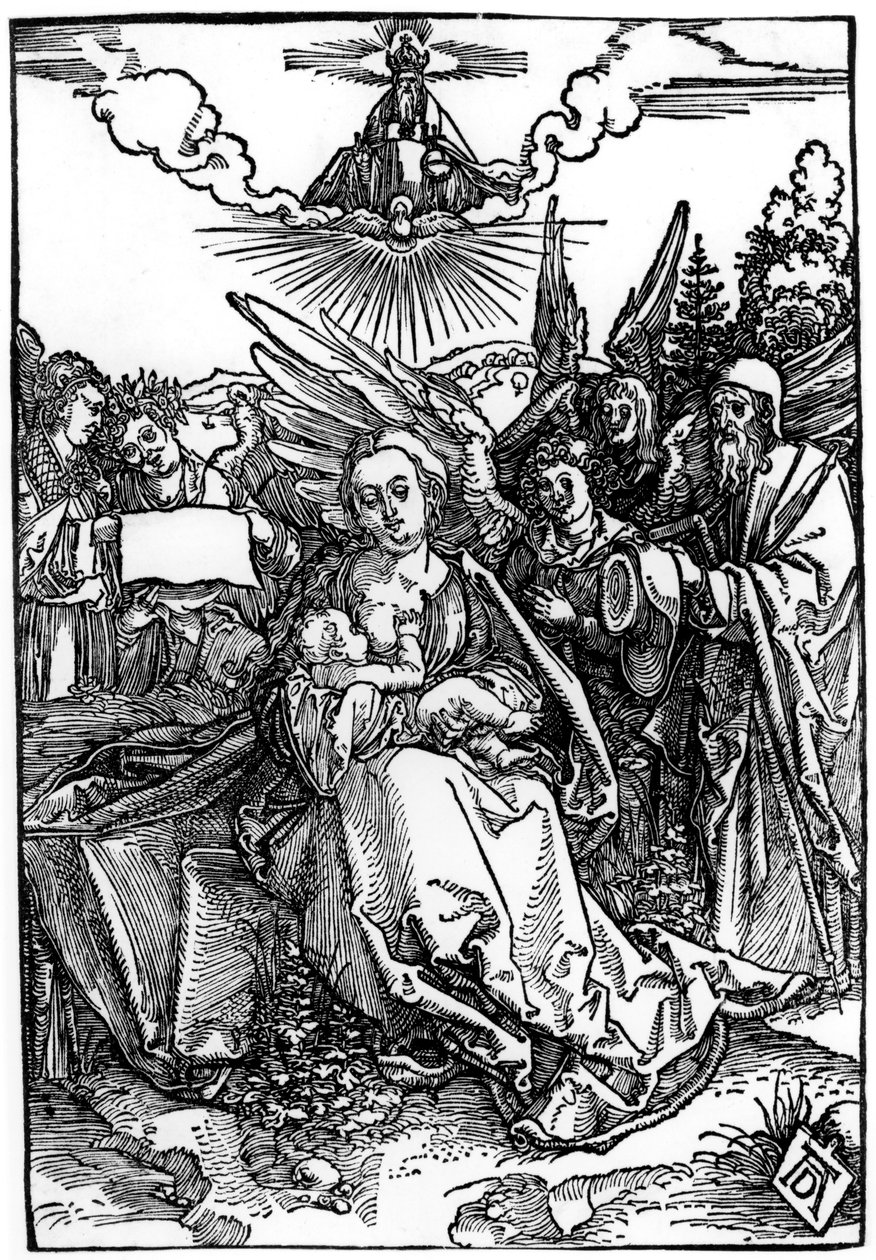 Pyhä perhe viiden enkelin kanssa, n. 1504 (puupiirros) tekijältä Albrecht Dürer