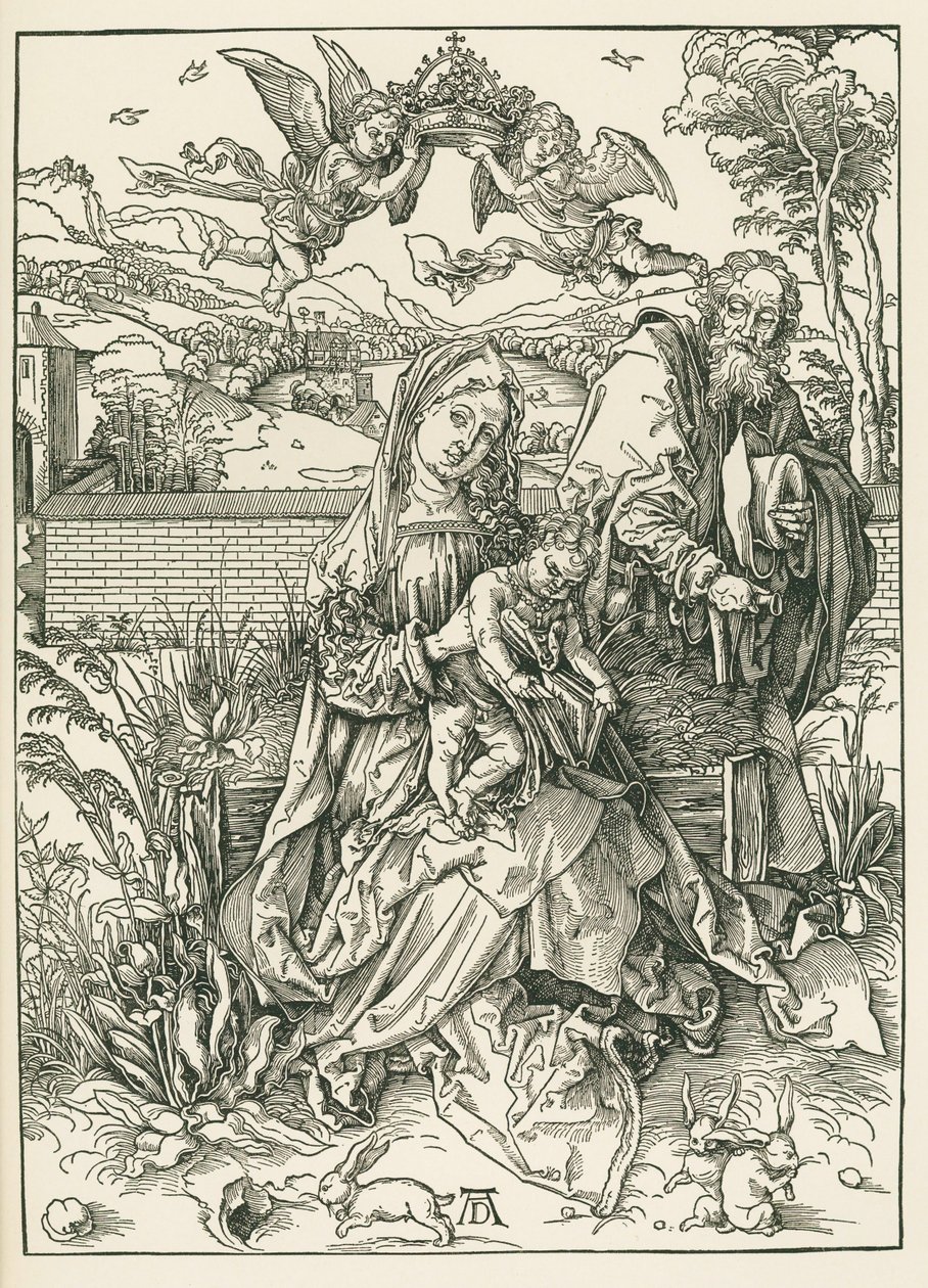 Pyhä perhe ja kolme jänistä, noin 1497 (puupiirros). tekijältä Albrecht Dürer or Duerer