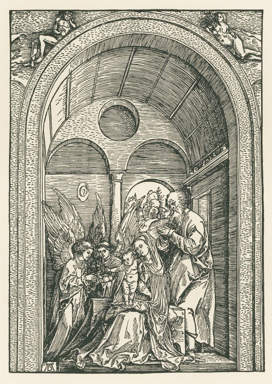 Pyhä perhe ja kaksi enkeliä pylväskäytävässä, noin 1503-04 (puupiirros). tekijältä Albrecht Dürer or Duerer