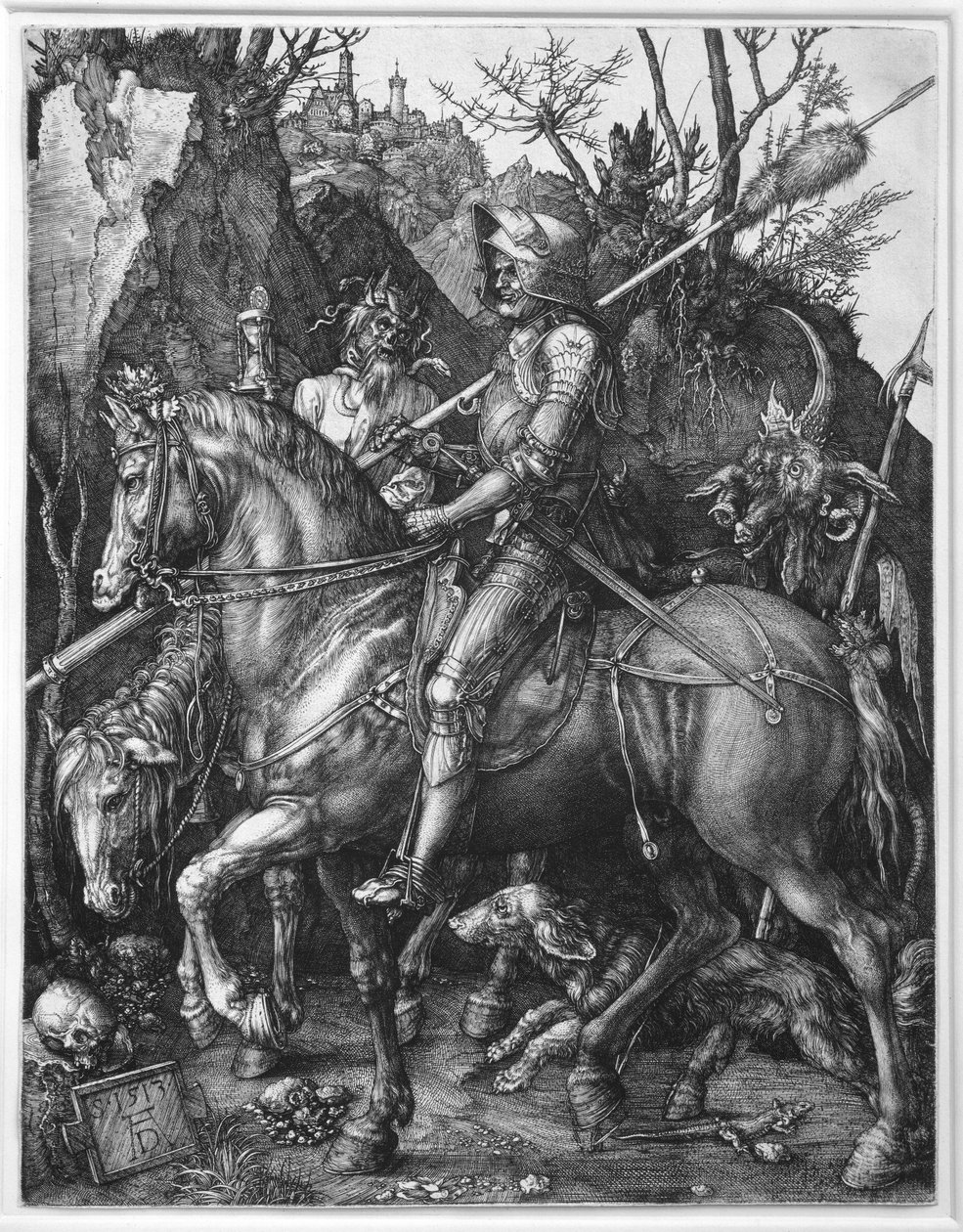 Albrecht Durerin (1471-1528) kaiverrus Ritari, kuolema ja paholainen 1513 su. 0,25x0,19 m Pariisi, Musee du Louvre tekijältä Albrecht Dürer