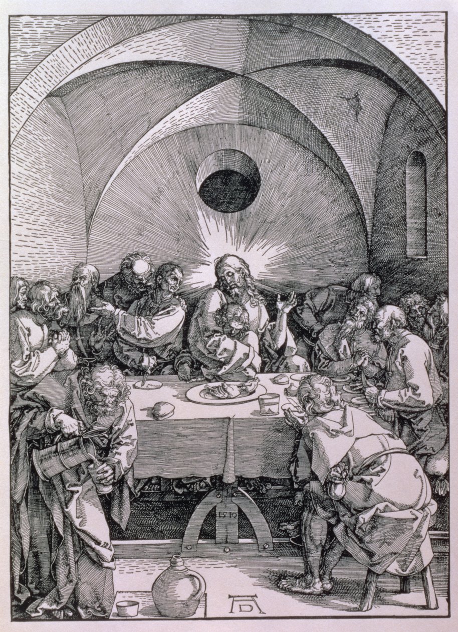Viimeinen ehtoollinen "Suuri intohimo" -sarjasta, pubi. 1511 (puupiirros) tekijältä Albrecht Dürer