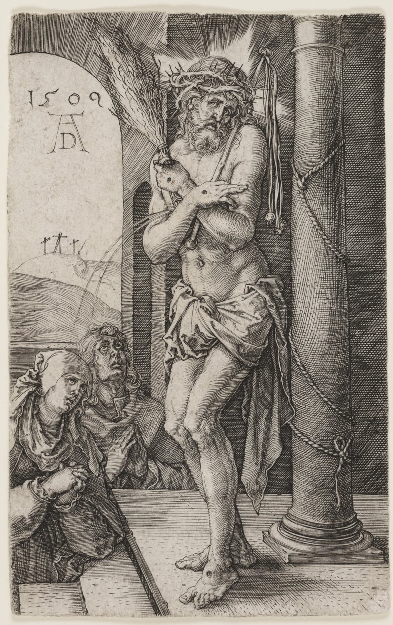 Surujen mies seisoo pylvään vieressä tekijältä Albrecht Dürer