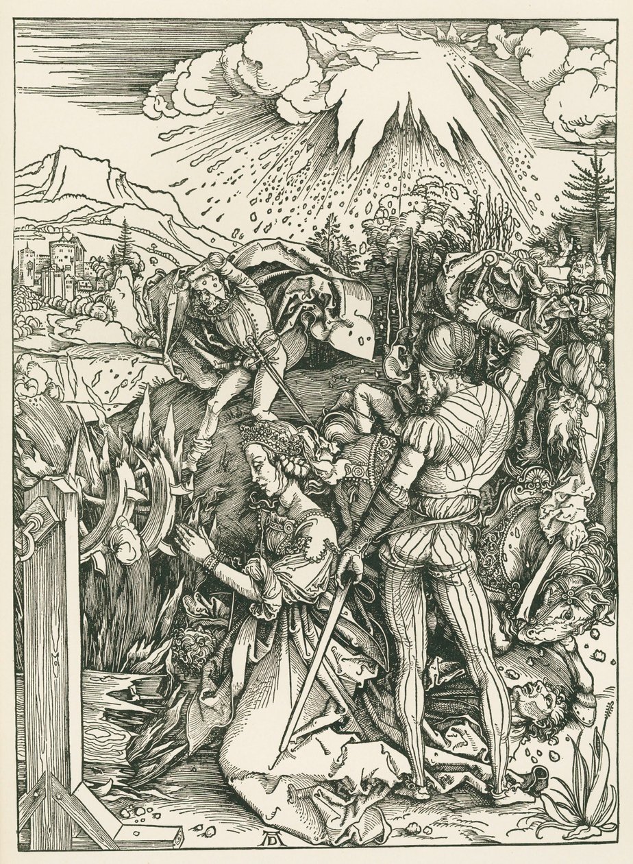 Pyhän Katariina Aleksandrialaisen marttyyrikuolema, noin 1498 (puupiirros). tekijältä Albrecht Dürer or Duerer