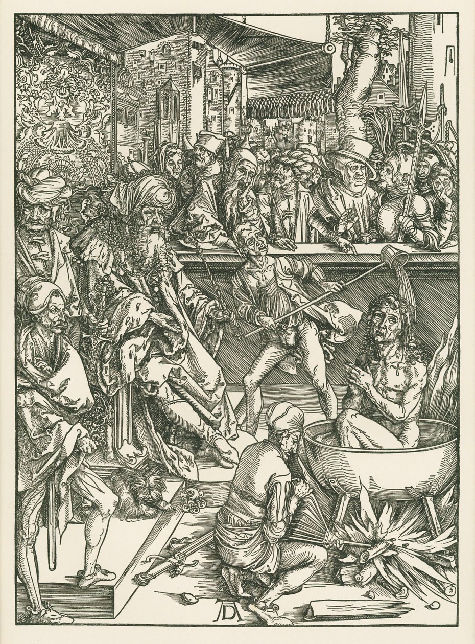 Johannes evankelistan marttyyrikuolema, noin 1496-97 (puupiirros). tekijältä Albrecht Dürer or Duerer