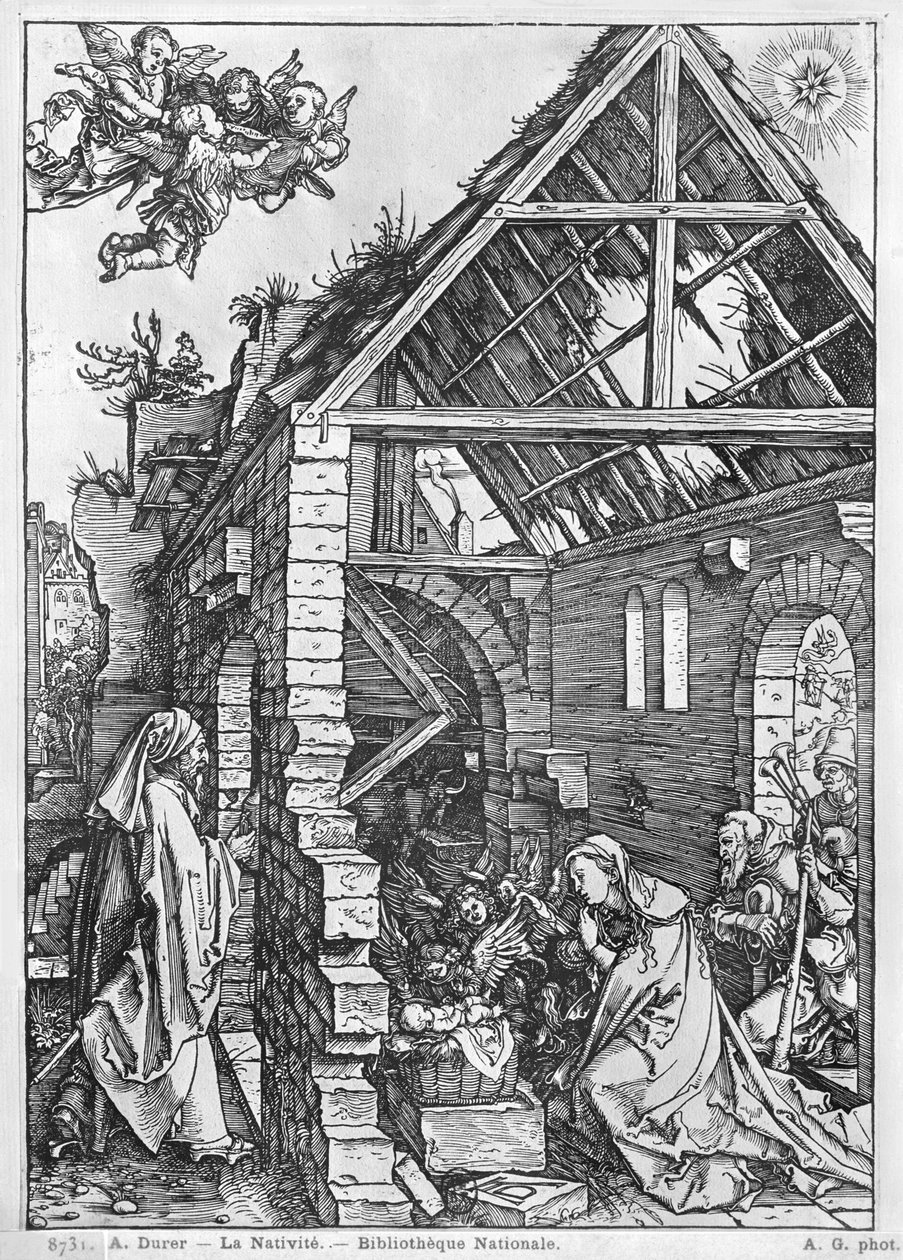 Syntymä, "Life of the Virgin" -sarjasta, n. 1503 (puupiirros) (mv-valokuva) tekijältä Albrecht Dürer