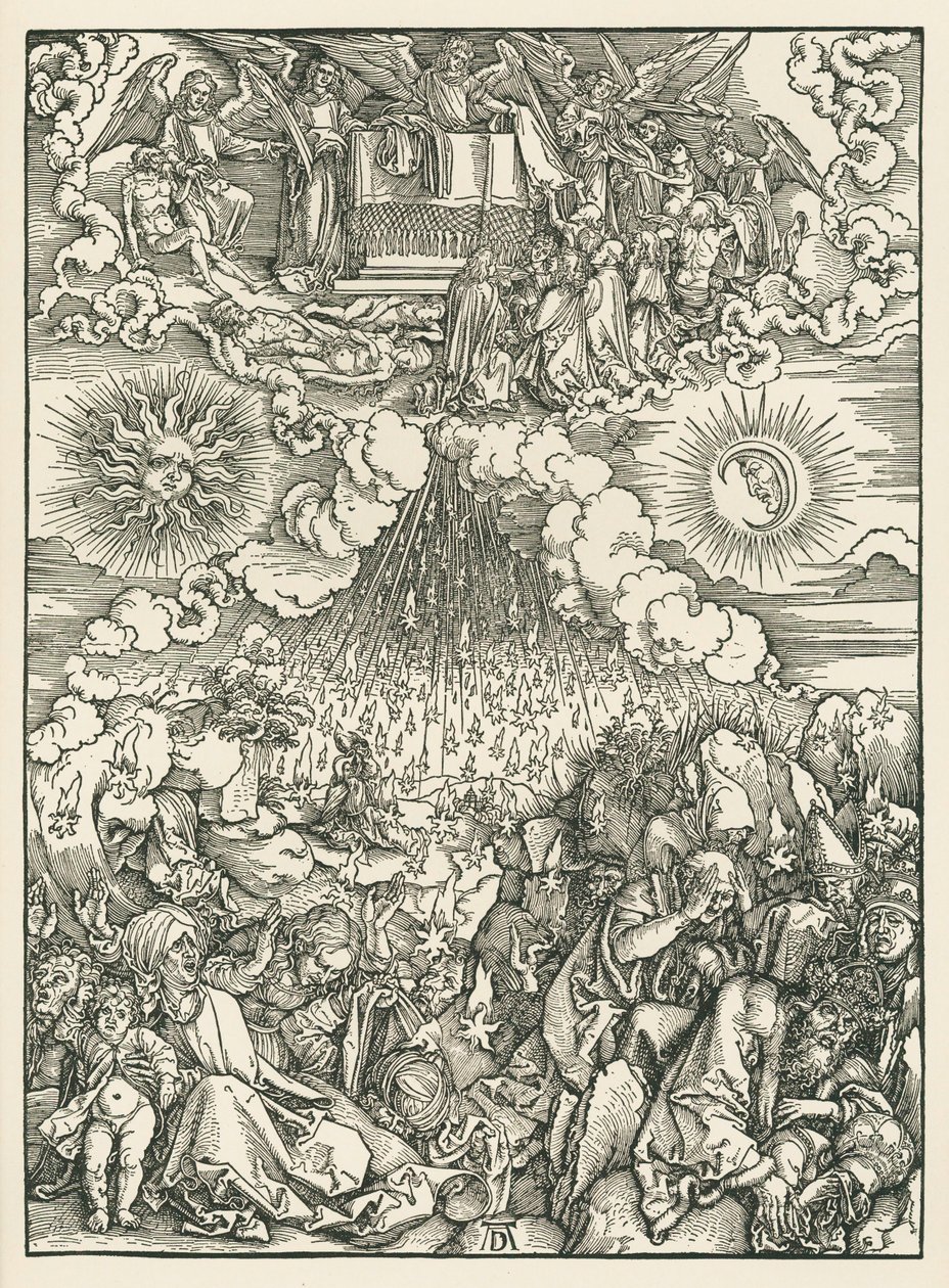 Viidennen ja kuudennen sinetin avaaminen. Johanneksen ilmestys, noin 1497-98 (puupiirros). tekijältä Albrecht Dürer or Duerer