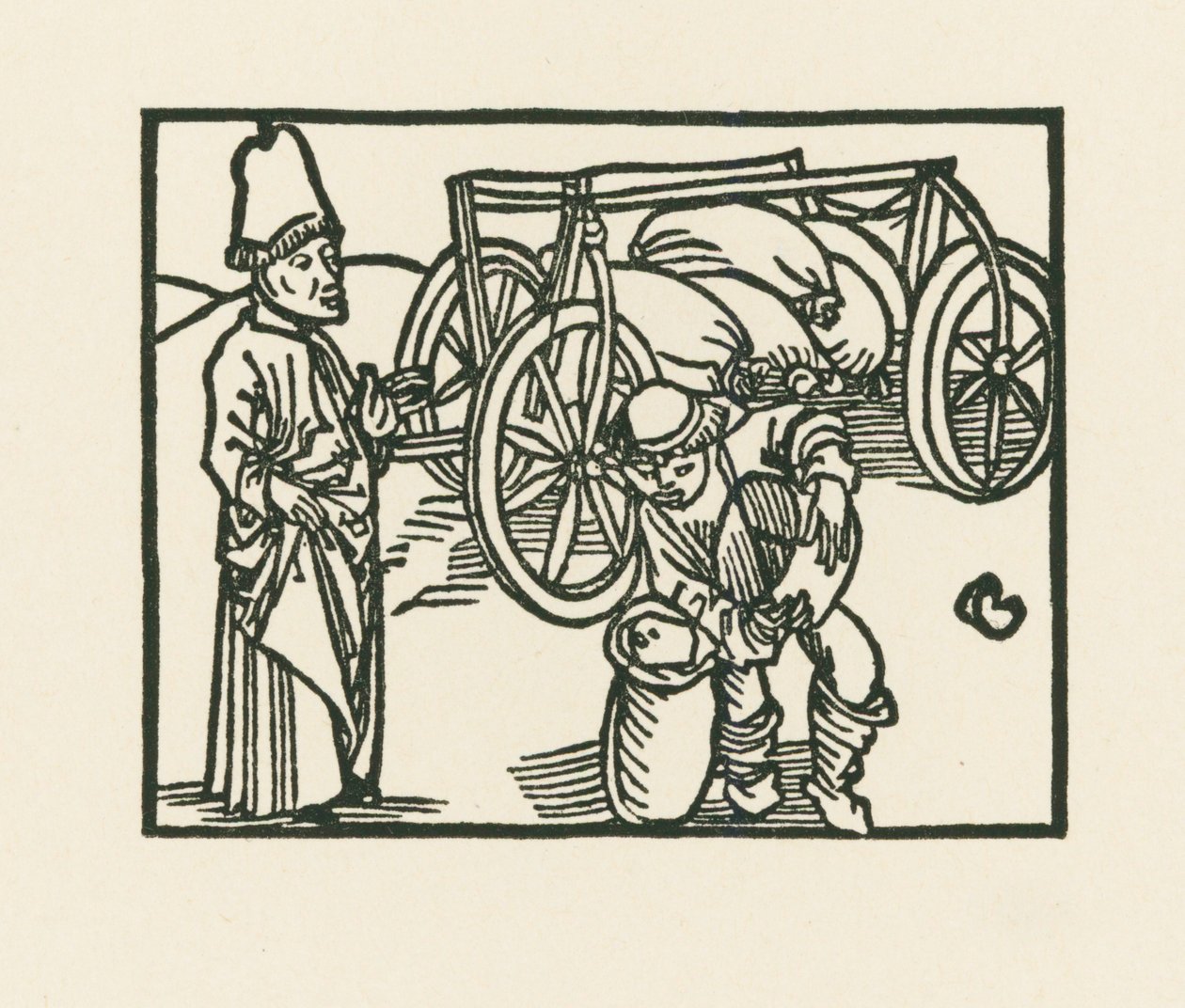 Papilla on säkki vaunun päällä ja siihen laitetaan kauraa, noin 1489-90 (puupiirros). tekijältä Albrecht Dürer or Duerer