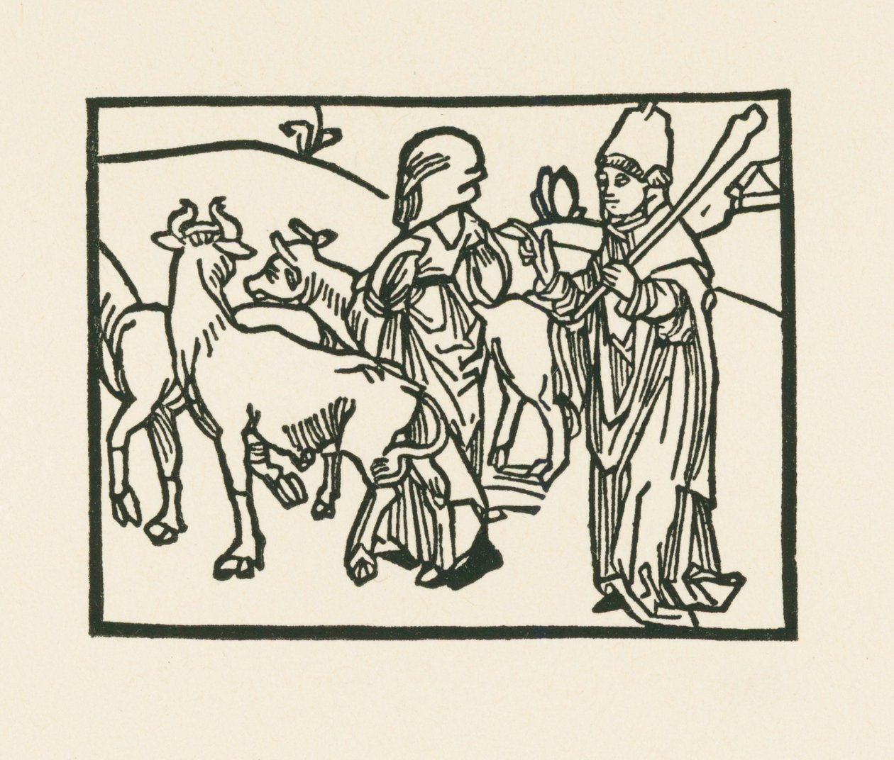 Pappi puvussaan ajaa karjaa ulos ja hänen edellään kulkee piika, n.1489-90 (puupiirros). tekijältä Albrecht Dürer or Duerer